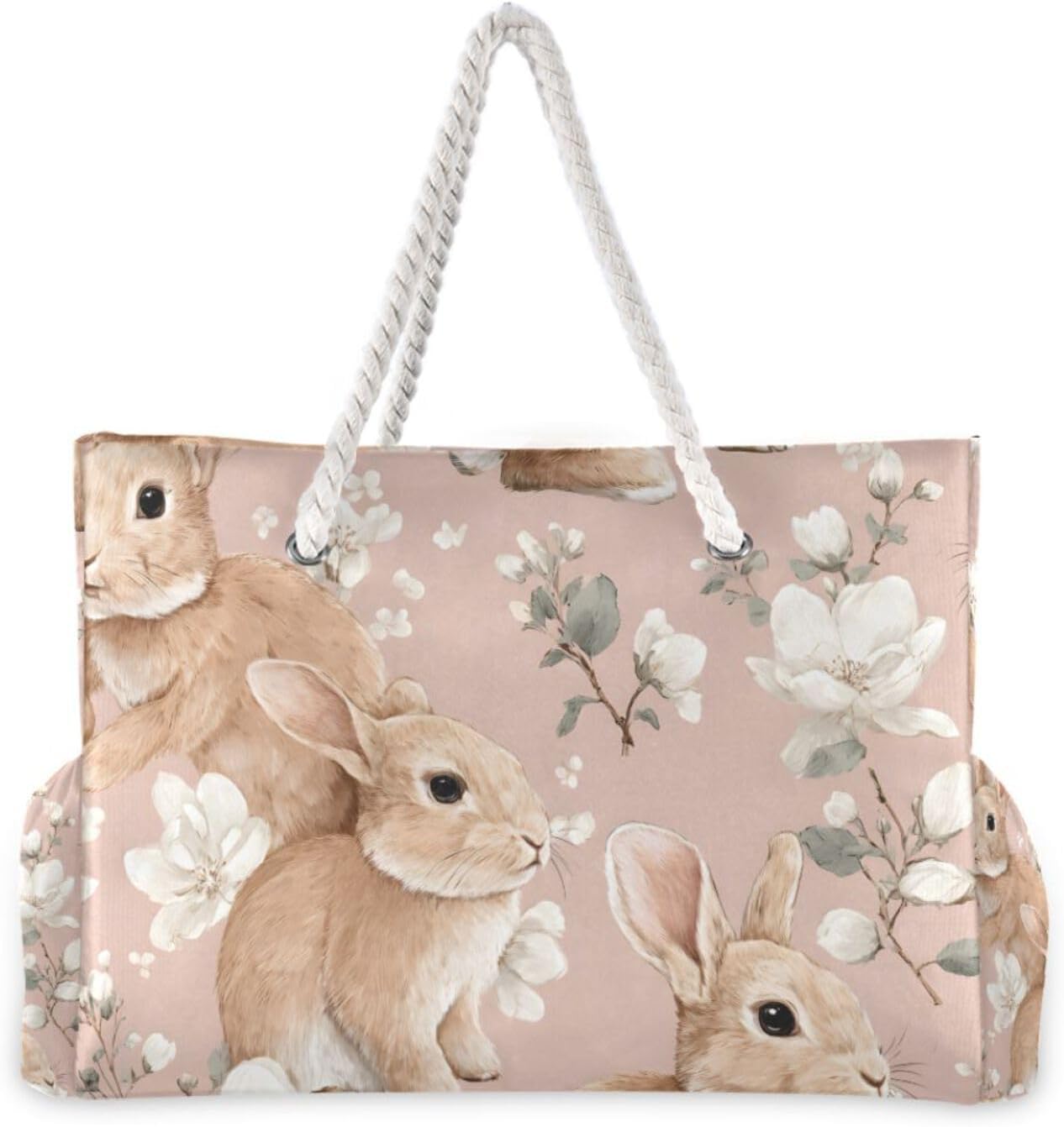 OTVEE Bunny and Blossom Print Beach Bags for Women Ladies Large Canvas Tote Shoulder Bag Waterproof Travel Bags for Gym Swim Pool Camping