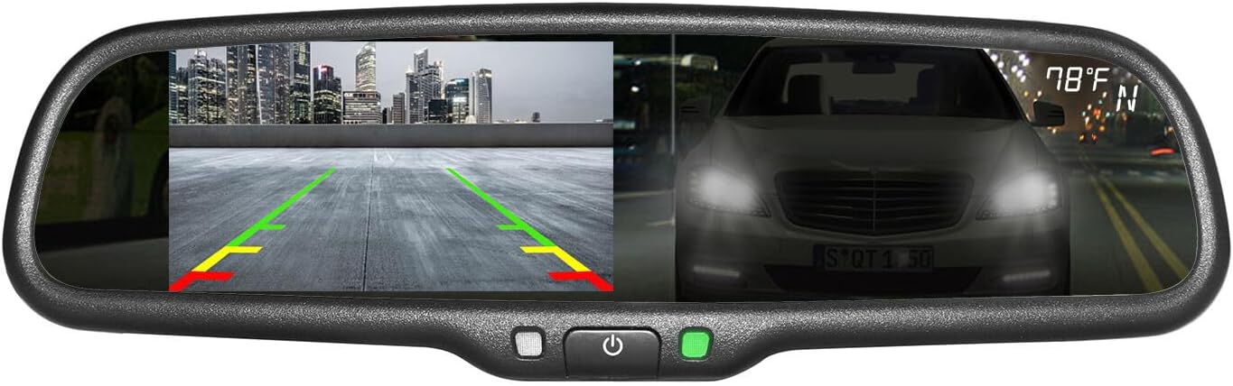 Master Tailgaters 10.5" OEM Rear View Mirror with 4.3" LCD Screen + Dimming + Compass & Temperature | Rearview Universal Fit | Auto Adjusting Brightness LCD | Anti Glare | Original Mirror Replacement