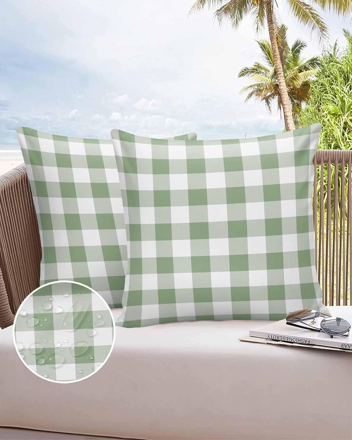 Farm Sage Green Buffalo Plaid Outdoor Pillow Covers 20x20in Pack of 2 Waterproof Pillowcase Gradient Check Lattice Decorative Throw Cushion Case for Patio Couch Sofa