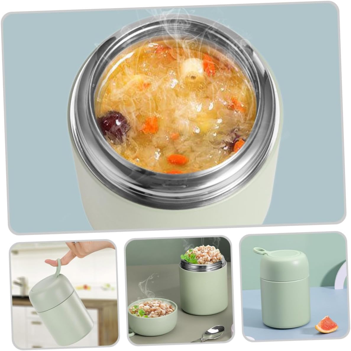 FAVOMOTO Insulated Soup Cup with Spoon 500ml Portable Leakproof Thermal Food Jar Vacuum Flask for Students and Office Use Green