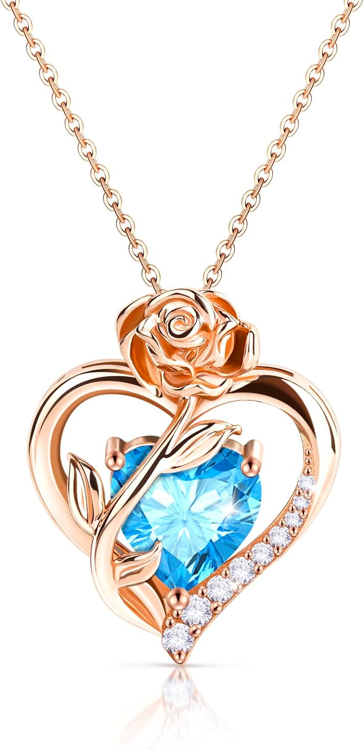 Heart Birthstone Rose Necklace for Women: Genuine 925 Sterling Silver Rose Gold Pendant Dainty Necklace Gold Jewelry Valentines Christmas Anniversary Birthday Gifts for Wife Mom Daughter