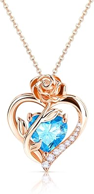 Heart Birthstone Necklace for Women Anniversary Birthday Gifts: Rose Gold Plated 925 Sterling Silver Flower Pendant Necklaces Jewelry Personalized Gift for Wife Girlfriend Mom Daughter