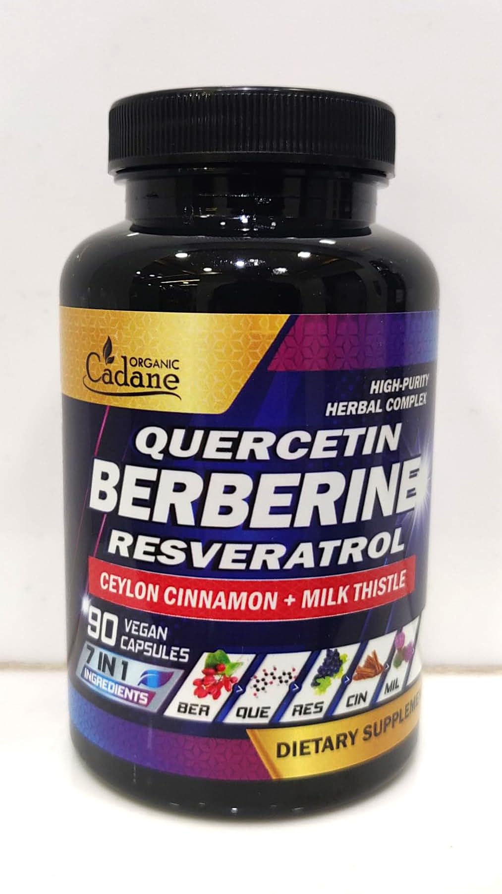 Organic Cadane 7in1 Pure Berberine Supplement with Quercetin, Ceylon Cinnamon, Resveratrol, Milk Thistle, Grape Seed, and Black Pepper - 90 Capsules for 3-Month Supply - Immunity Health Support — Amazon image 2