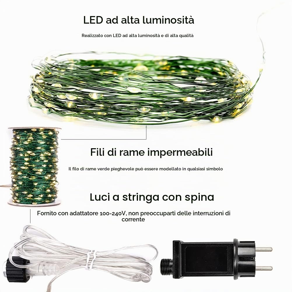 Catena Luminosa 120m 1200 LED per Esterni, Filo Verde, Bianco Caldo, Impermeabile con Telecomando, Luci Decorative Plug-in per Albero di Natale, Patio, Giardino, Cortile, Matrimonio