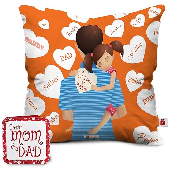 Indigifts Printed Cushion Cover with Filler | I Love You Daddy | Polysatin | 12x12 Inches | Comfortable Orange Cushions | Cushion for Father