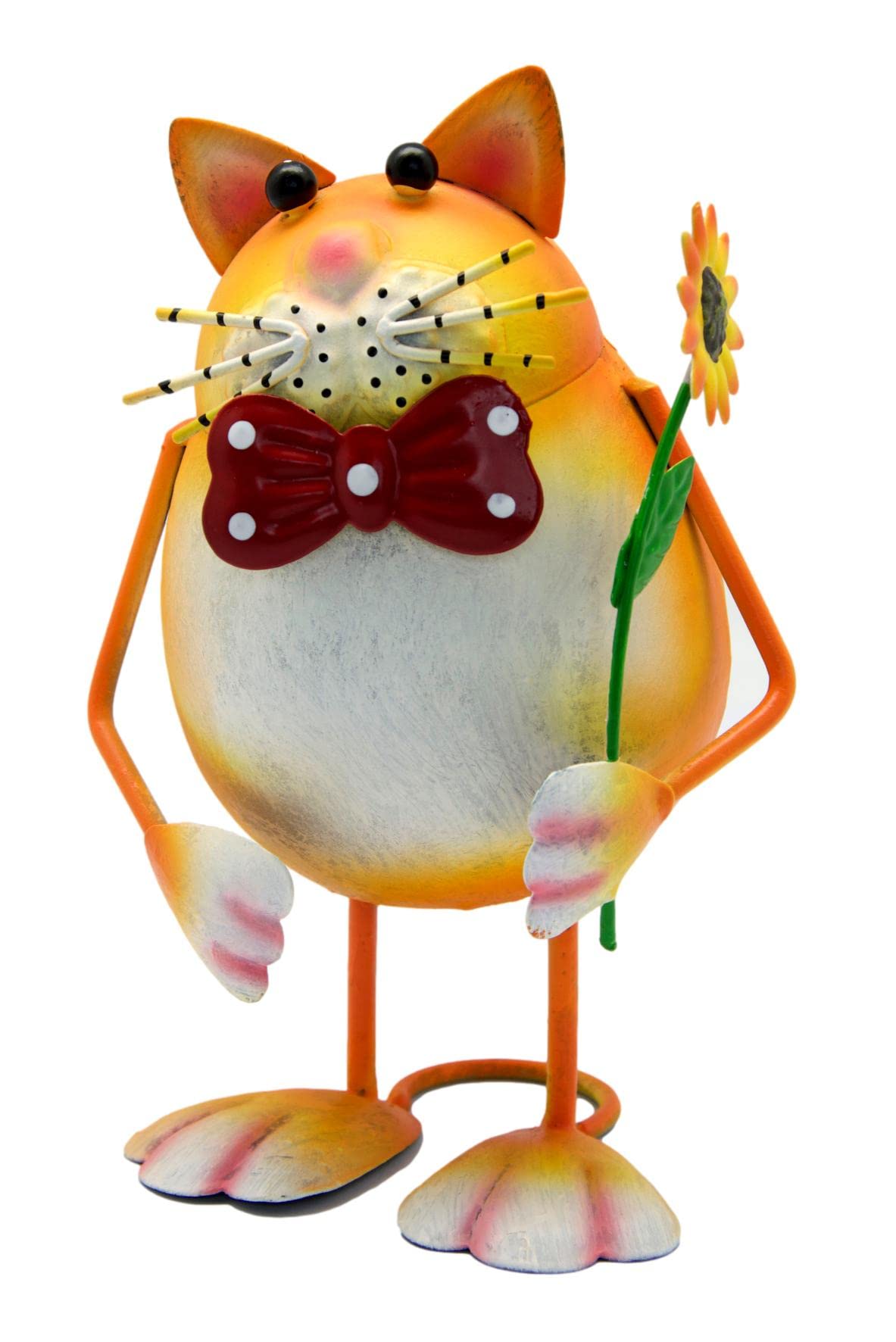Fabulous FelinesGinger Cat Holding Flower Garden Ornament with a huge bowtie, Cute Spring Loaded Cat Figurine Just Keeps Bobbin, Quirky Metal Ginger Cat Ornament (19 x 12 x 10) cm