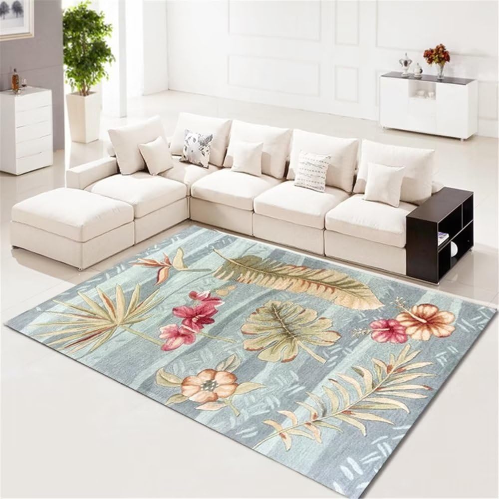Tapis salon pas cher bleu lavable 40x60 motif plantes pour terrasse durable