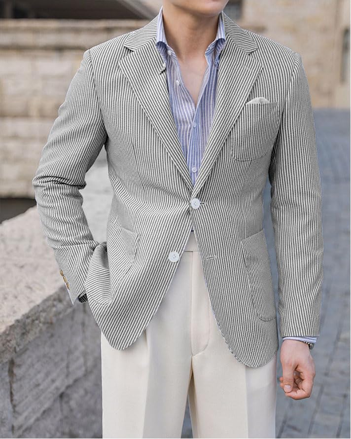Mens Seersucker Jacket Coat Striped Groom Tuxedo Party Prom Business Leisure Workwear Wear Beach Casual Blazer4