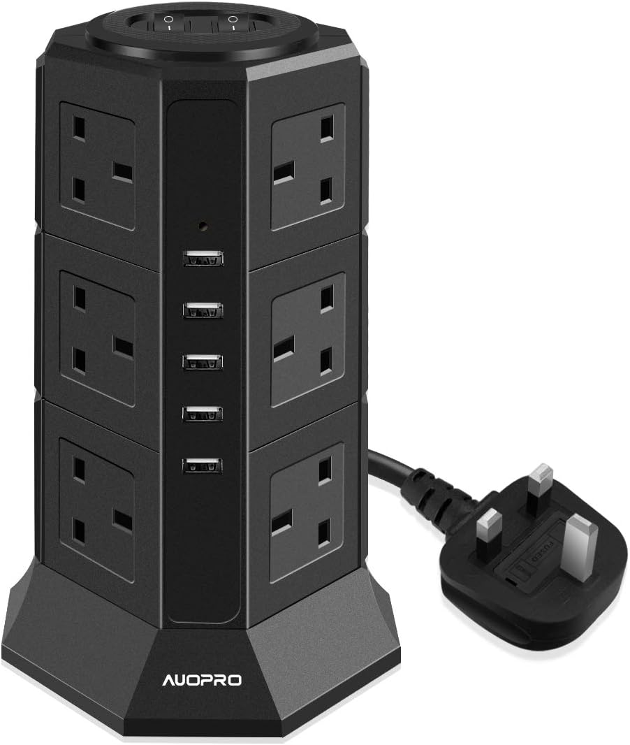 AUOPROSurge Protector Extension Lead with USB Slots, Vertical Tower Power Strip Switched Desktop Charging Station, 12 Socket and 5 USB Slots, 2 Metre Extension Cable