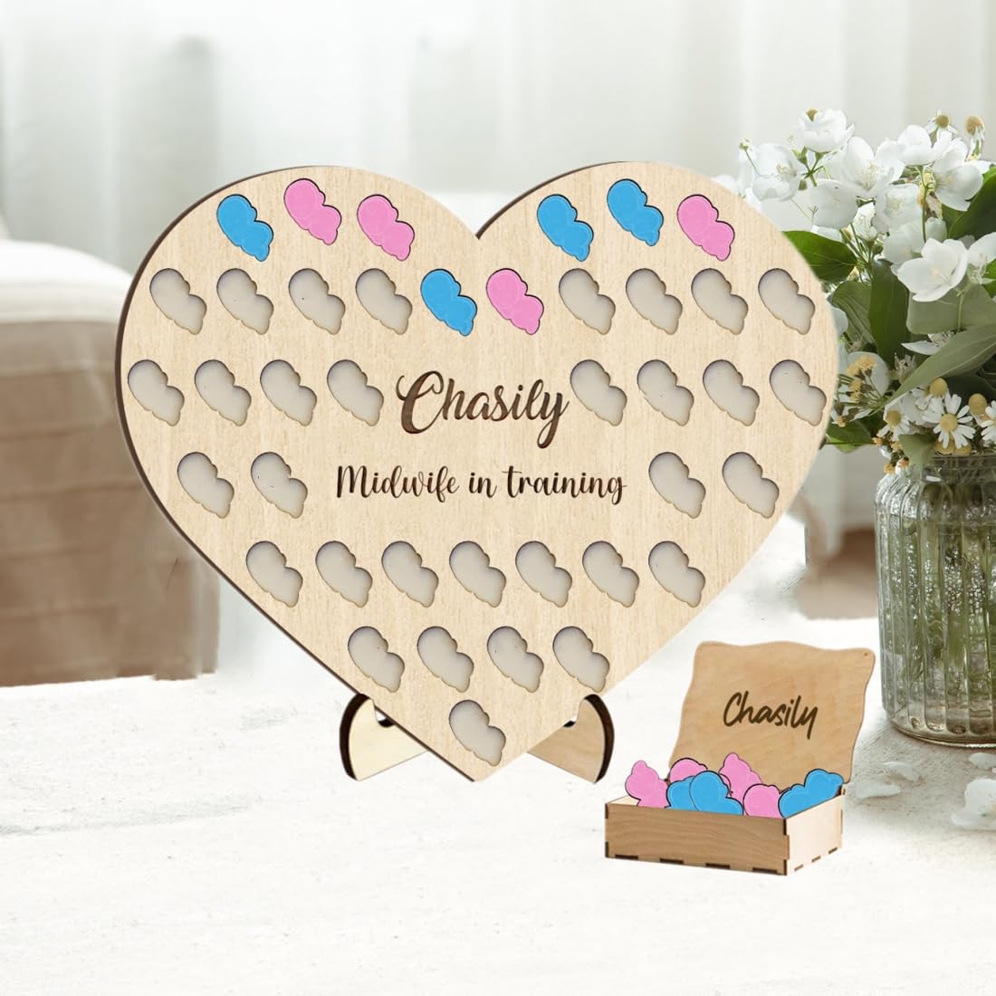 Personalised Student Midwife Birth Tracker Midwife In Training Birth Counter with 50Baby Spaces Baby Catcher Sign Midwife Graduation Gift for Nurse (Wood Heart Midwife Catch Counter - Baby)