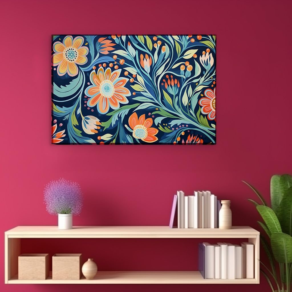 Canvas for Living room. Abstract Blossom Harmony in Orange and Blue: A Digital Painting Exploration, 27 x 18 inch Canvas Wall Art - Contemporary Masterpieces - Modern Home Decor