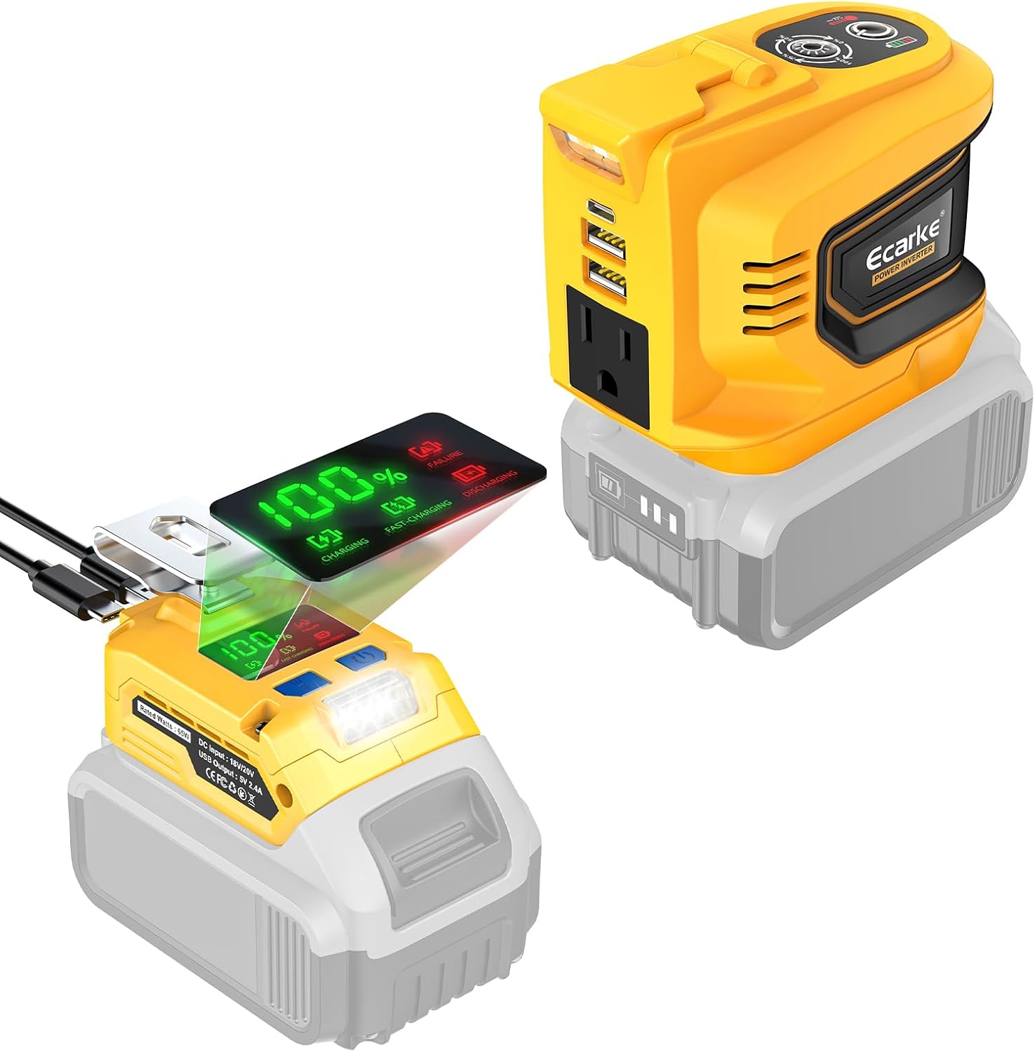 65W Battery Charger and USB Wall Charging & 200W Portable Power Inverter for DeWALT 20V Battery