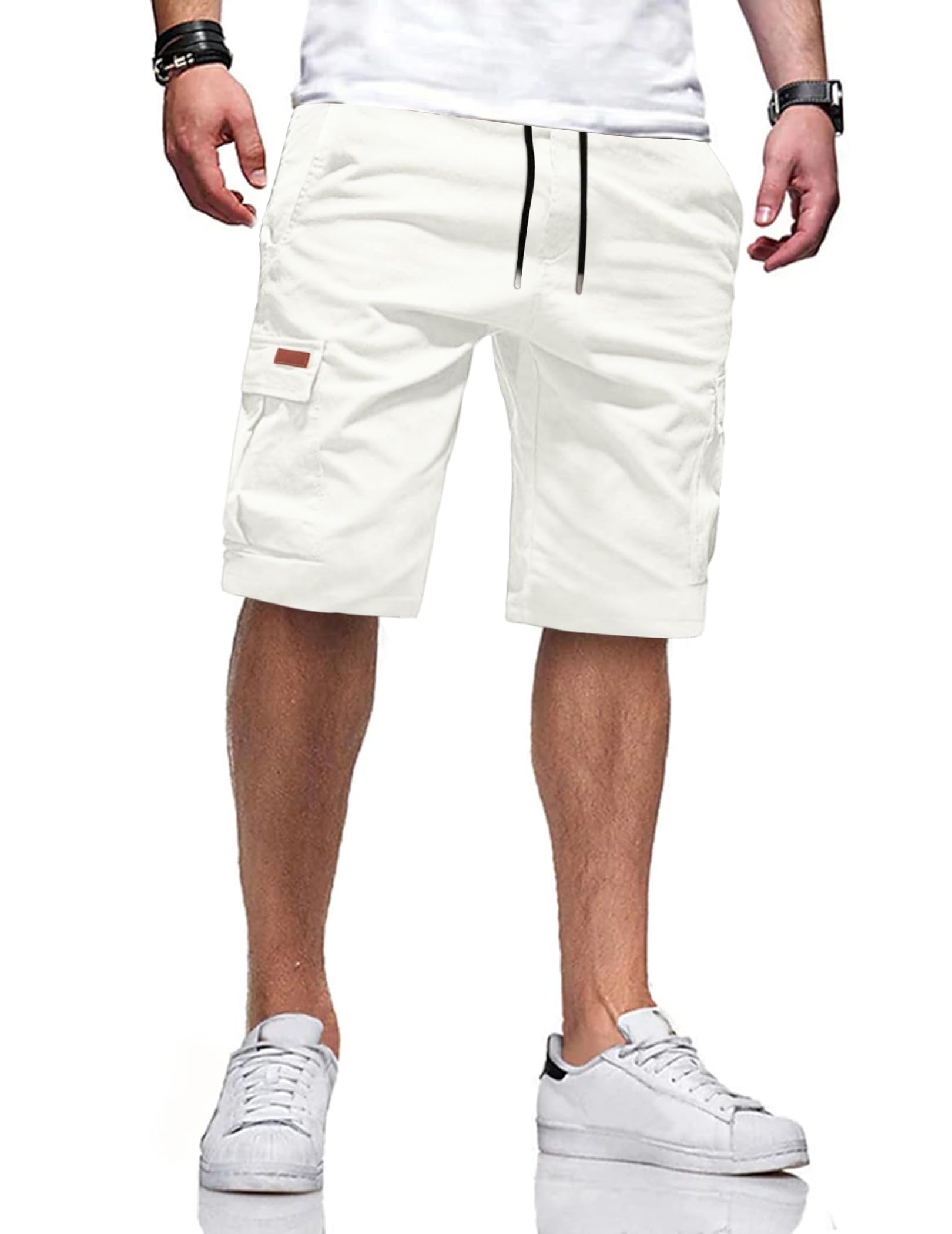 TARAINYA Cargo Kurze Hosen Herren Baumwolle Bermuda Sommer Chino Shorts Hose Herren Tunnelzug Elastische Taille mit 6 Taschen Weiß S