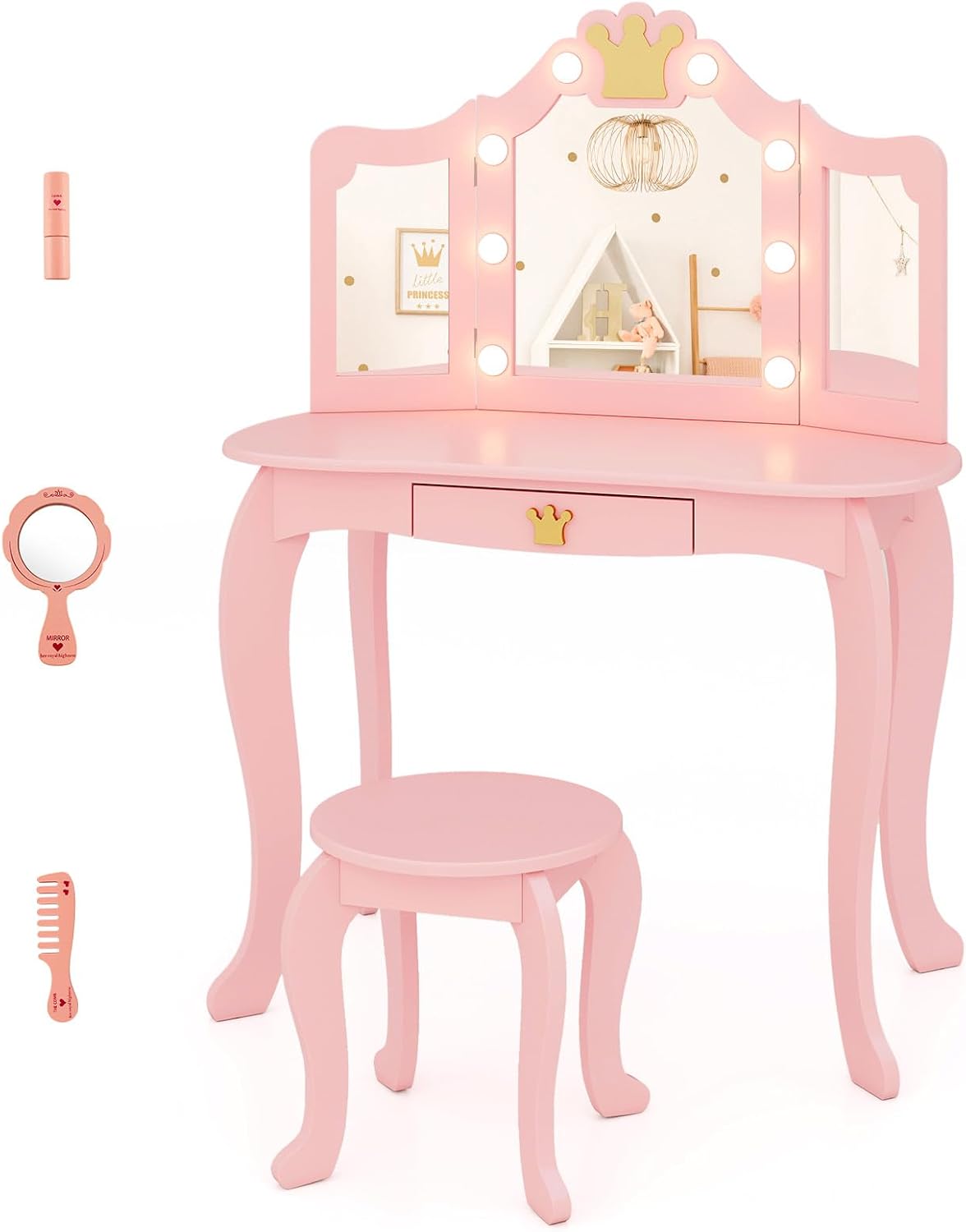 GLACER Girls Vanity Set with Mirror and Stool and Lights, 2 in 1 Wooden Princess Makeup Vanity Desk with 3 Lighting Modes & Storage Drawer, Kids Vanity Table and Chair Set (Pink)