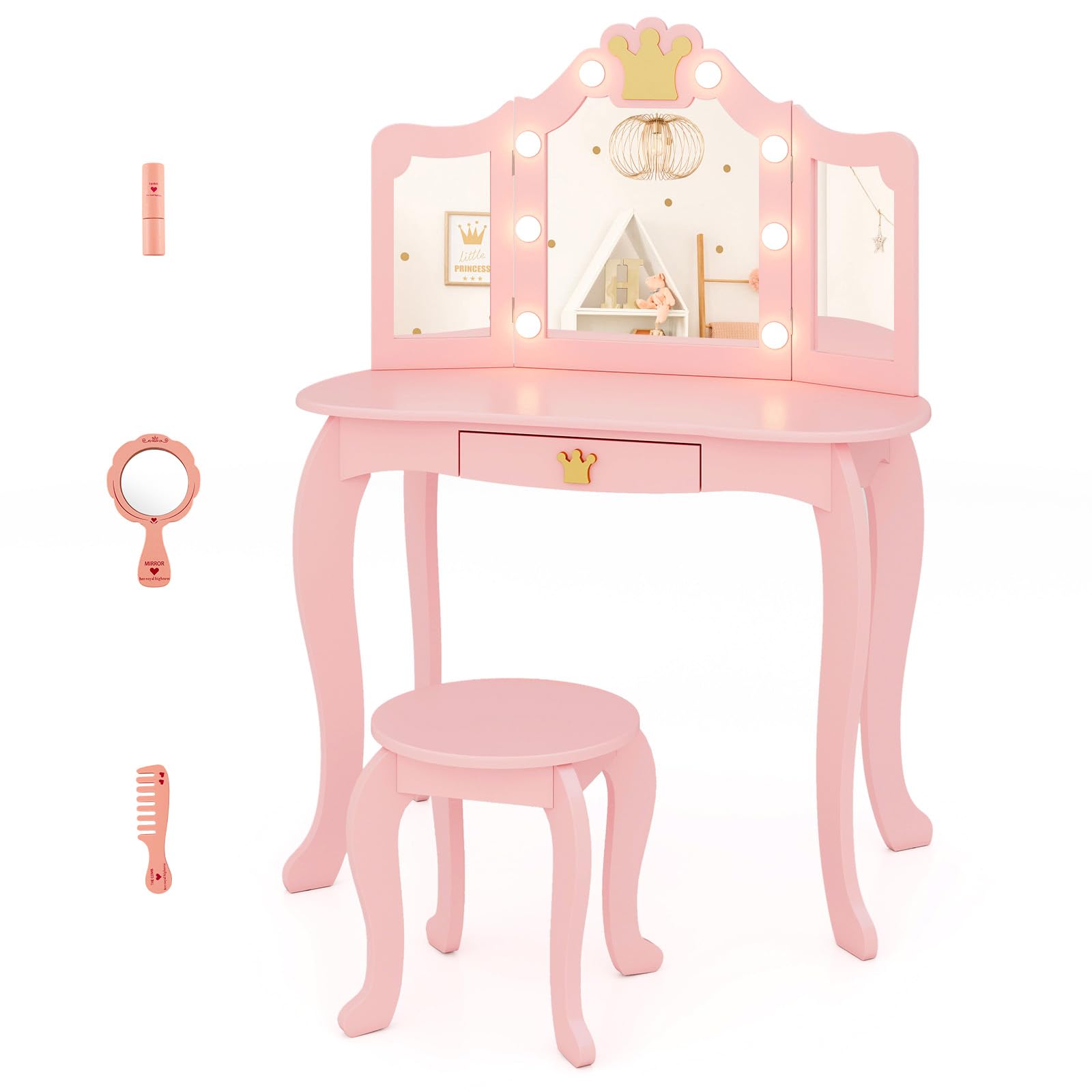 GLACER Girls Vanity Set with Mirror and Stool and Lights, 2 in 1 Wooden Princess Makeup Vanity Desk with 3 Lighting Modes & Storage Drawer, Kids Vanity Table and Chair Set (Pink)