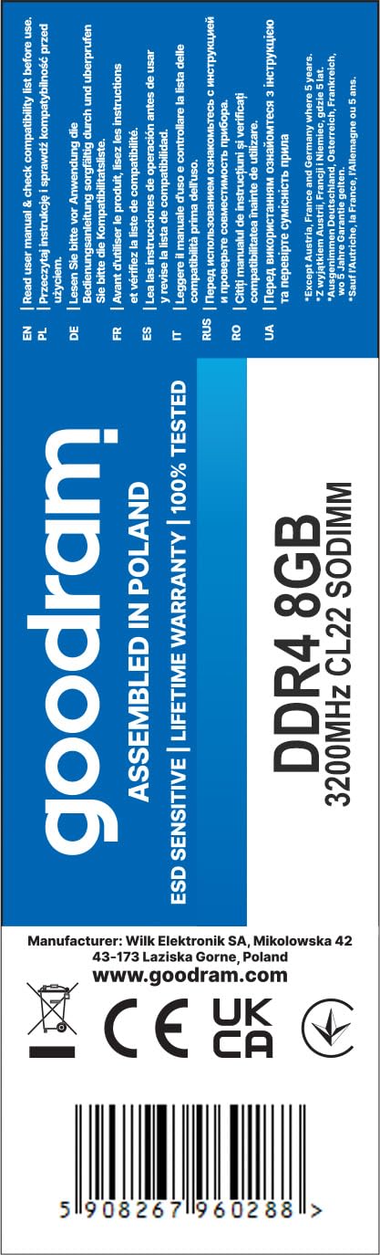 Goodram - RAM DDR4 SODIMM - 8GB 3200MHz CL22 SODIMM, 1,2V - Memoria per laptop - Single Rank - Configurazione a canale singolo - Componenti di alta qualità - Nero, 69,9 x 30 x 3,6 mm
