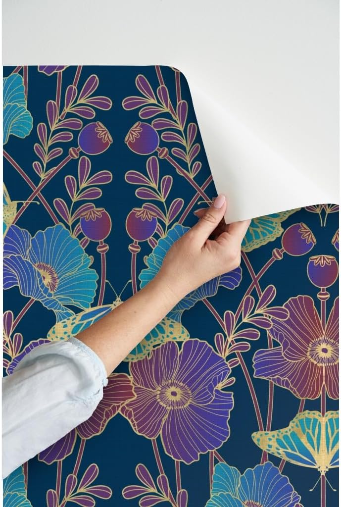 Peel & Stick Wallpaper Swatch - Poppy Art Nouveau Jewel Poppies Butterfly Blue Aqua Purple Custom Removable Wallpaper by Spoonflower