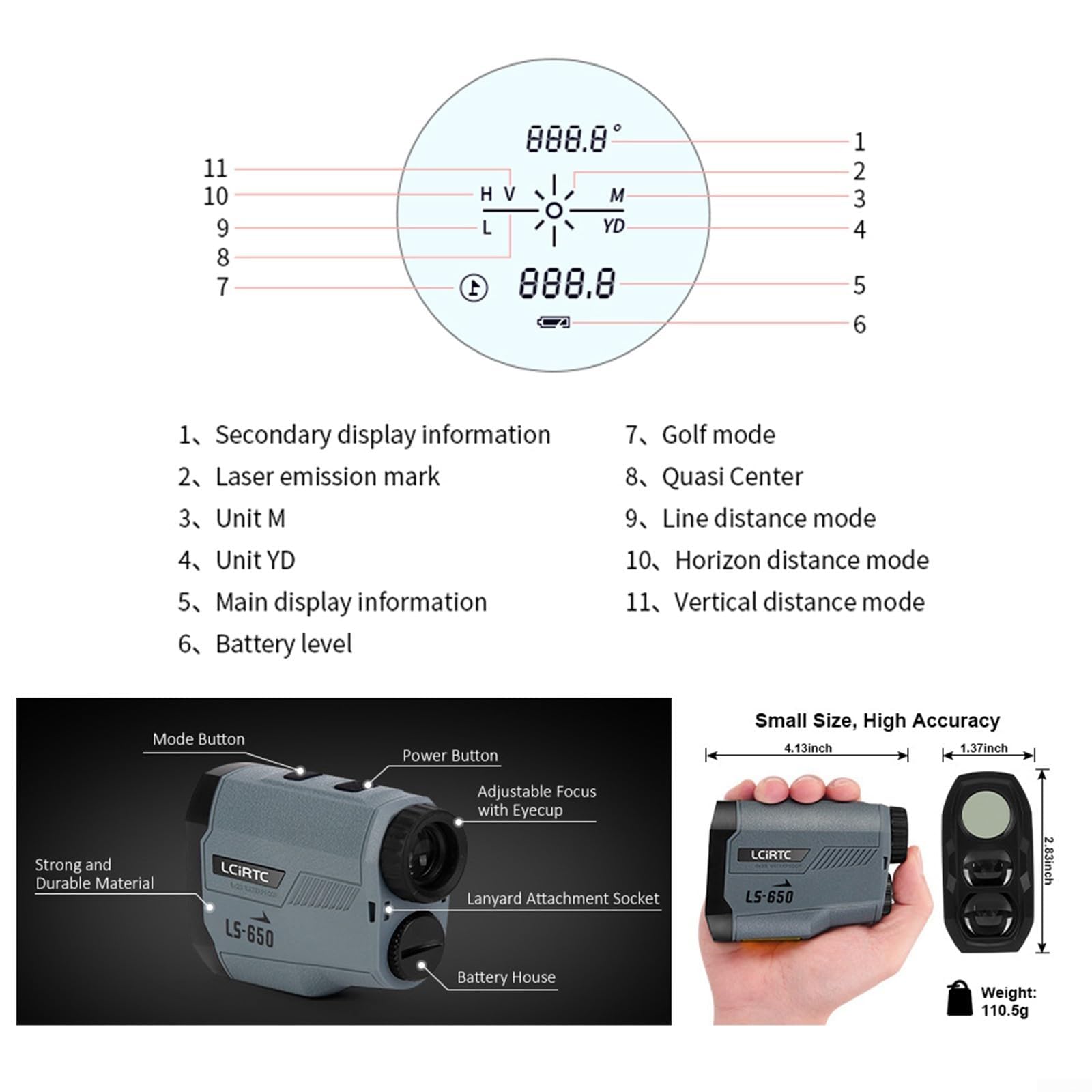 Medidor de distancia multiusos de 650 m con diseño compacto, adecuado para golf, caza y senderismo