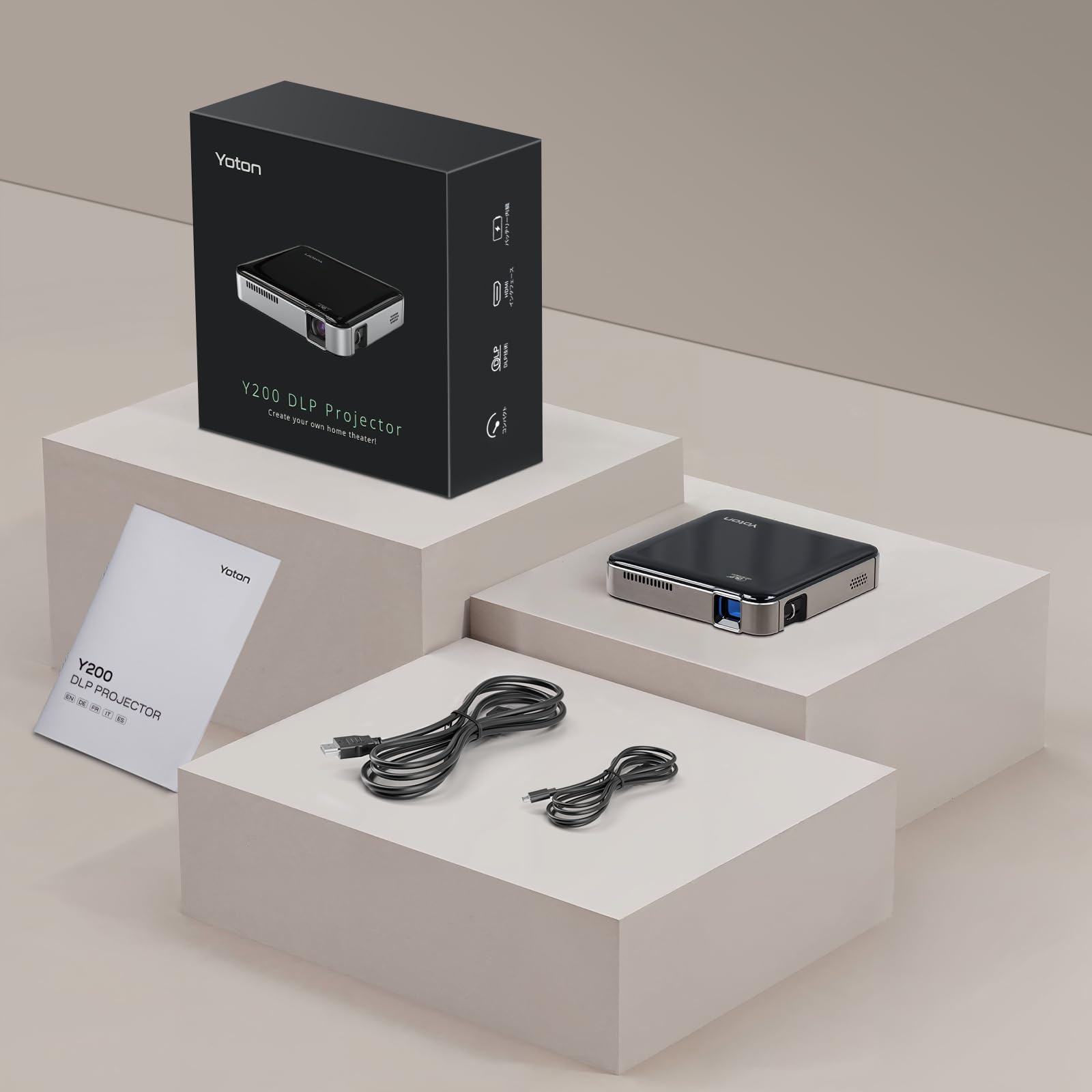 Yoton Mini Proiettore Portatile Y200 DLP, Videoproiettore con Batteria 3400mAh, Proiettore Silenzioso per Home Cinema/Campeggio, HDMI Compatibile PS5/Switch, Treppiede Incluso 2 Anni Garanzia