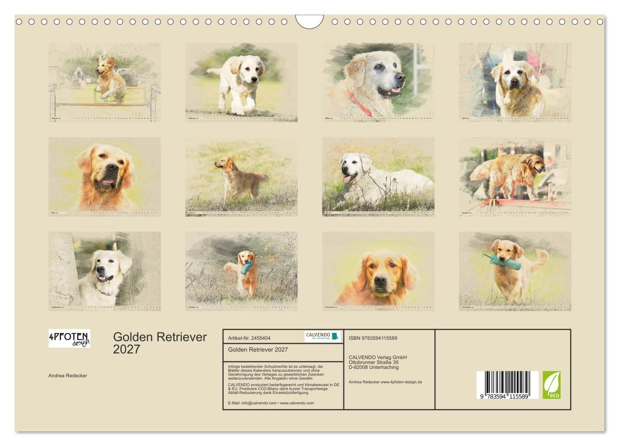 CALVENDO - Golden Retriever 2027 (Wandkalender 2027 DIN A3 quer), Monatskalender: Golden Retriever im kunstvollen Aquarell-Stil. Jedes Monatsmotiv gleicht einem kleinen Kunstwerk