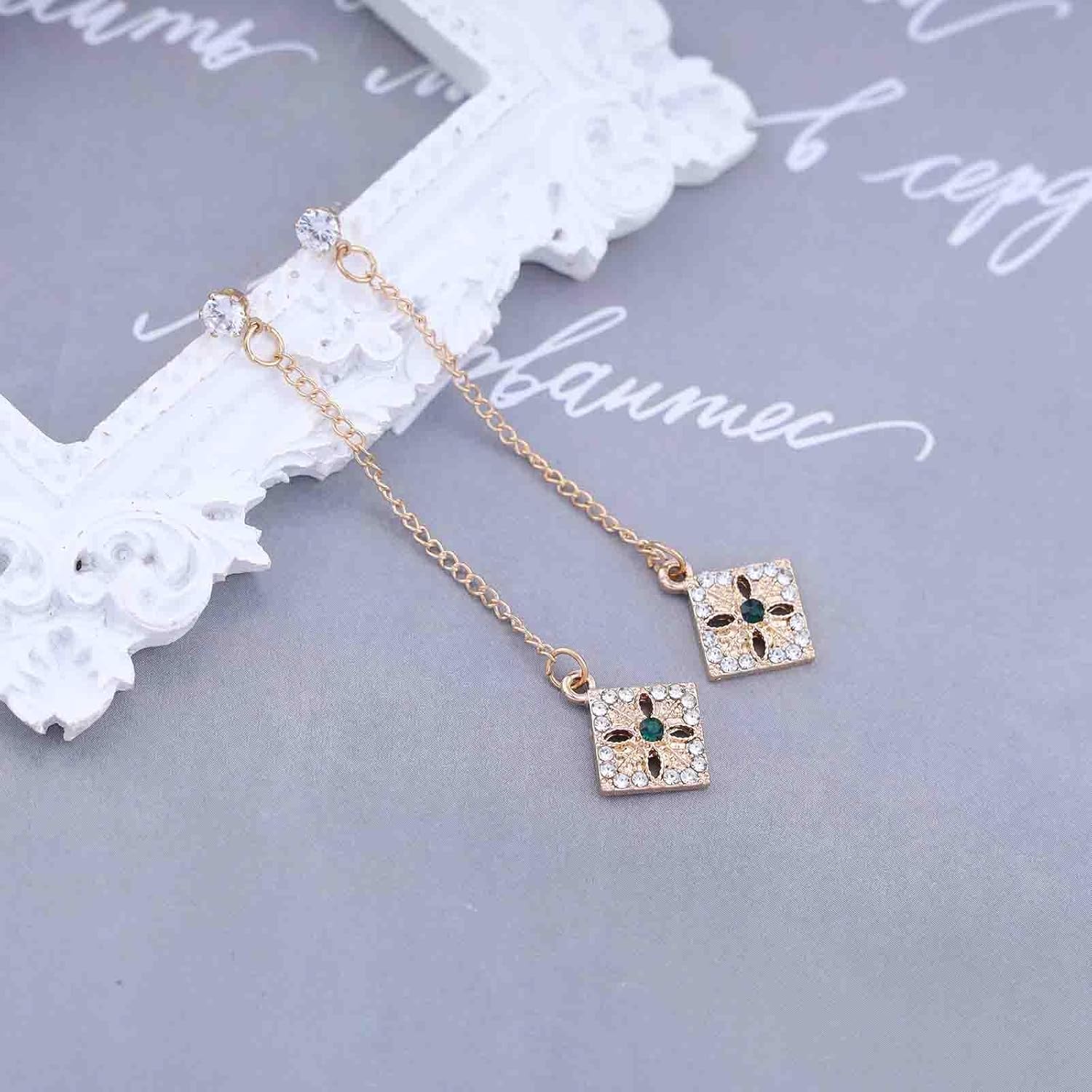 Boho Crystal Square Drop Earrings Gold Filigree Square Earrings Vintage Cz Square Dangle Earrings Tiny Rhinestone Stud Earrings Jewelry for Women - Image 4