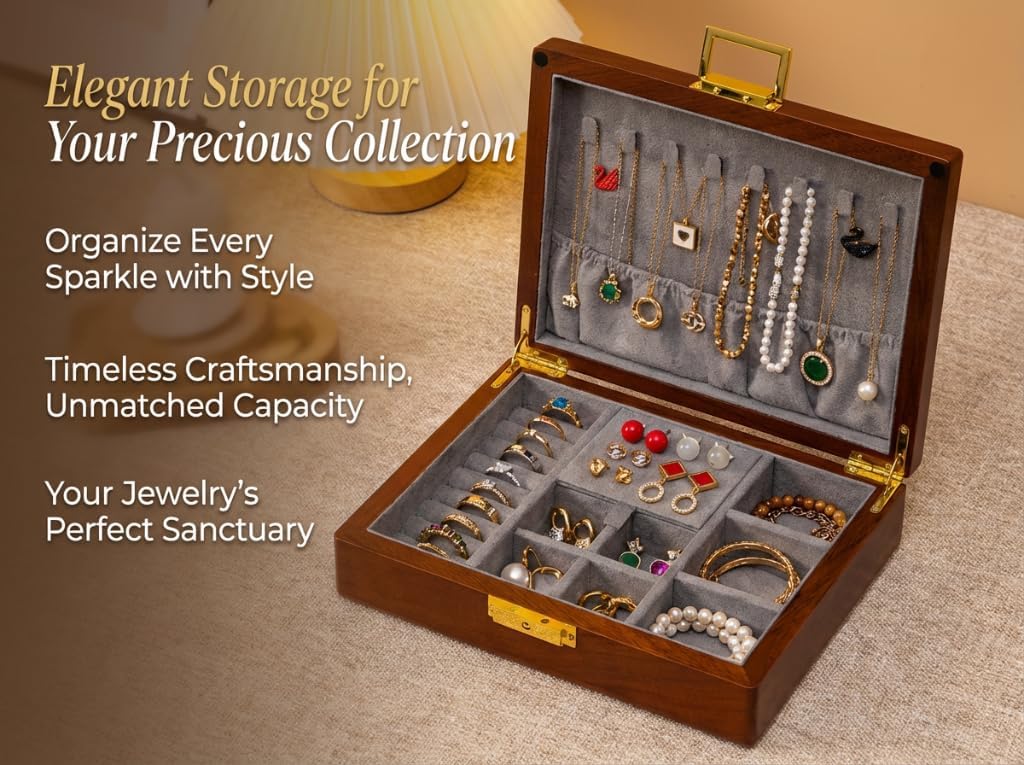 Solid Black Walnut Jewelry Box with Lock and Key Large Capacity Vintage Wooden Organizer for Women and Men Ring Necklace Earring Cufflink Storage Removable Dividers Gift for Christmas - Image 3