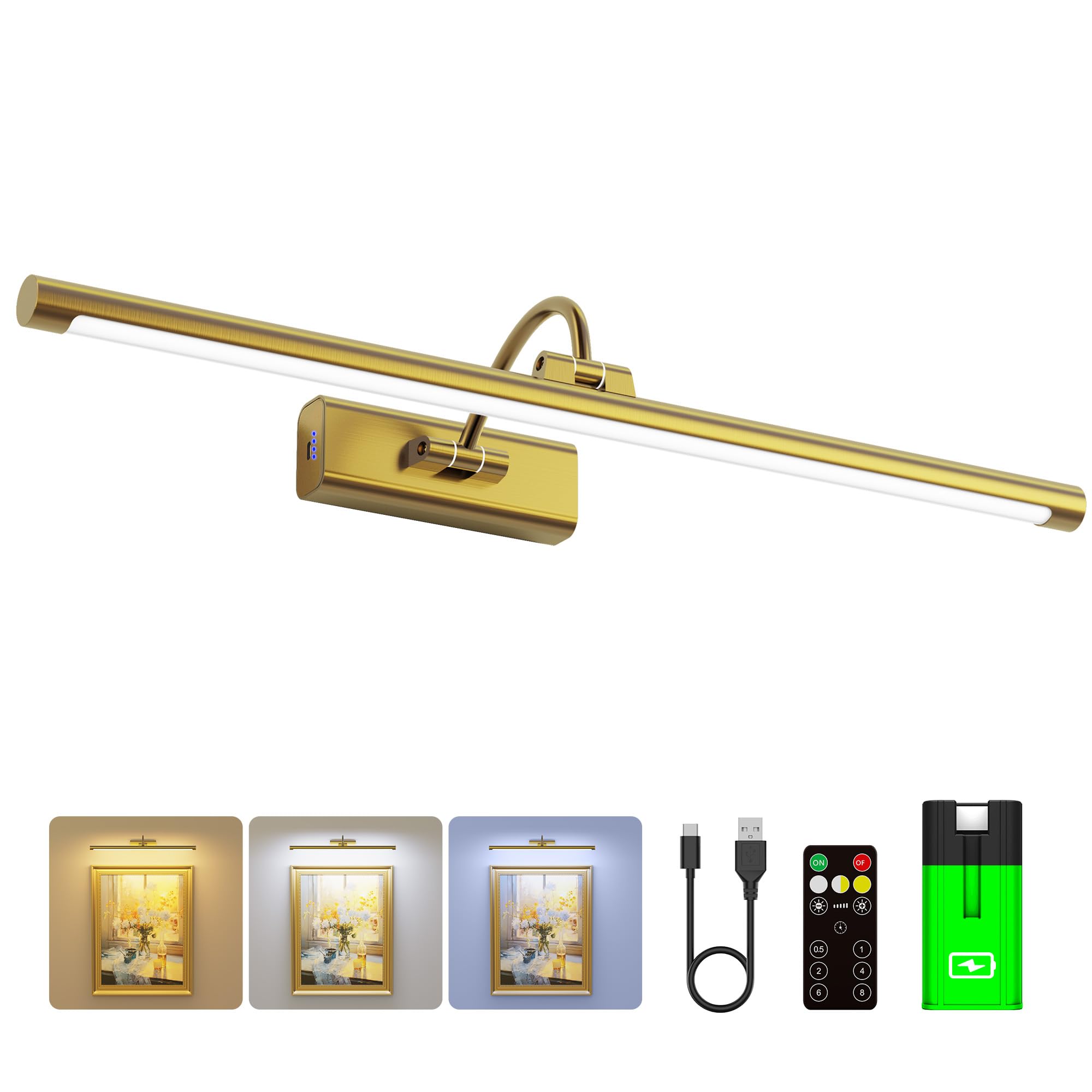 Craftersmark 24" Picture Frame Light with 1pcs Extra 8000mAh Battery - Brass Cordless Rechargeable Wall Sconce with Remote for Office, Hallway & Large Art — image 1