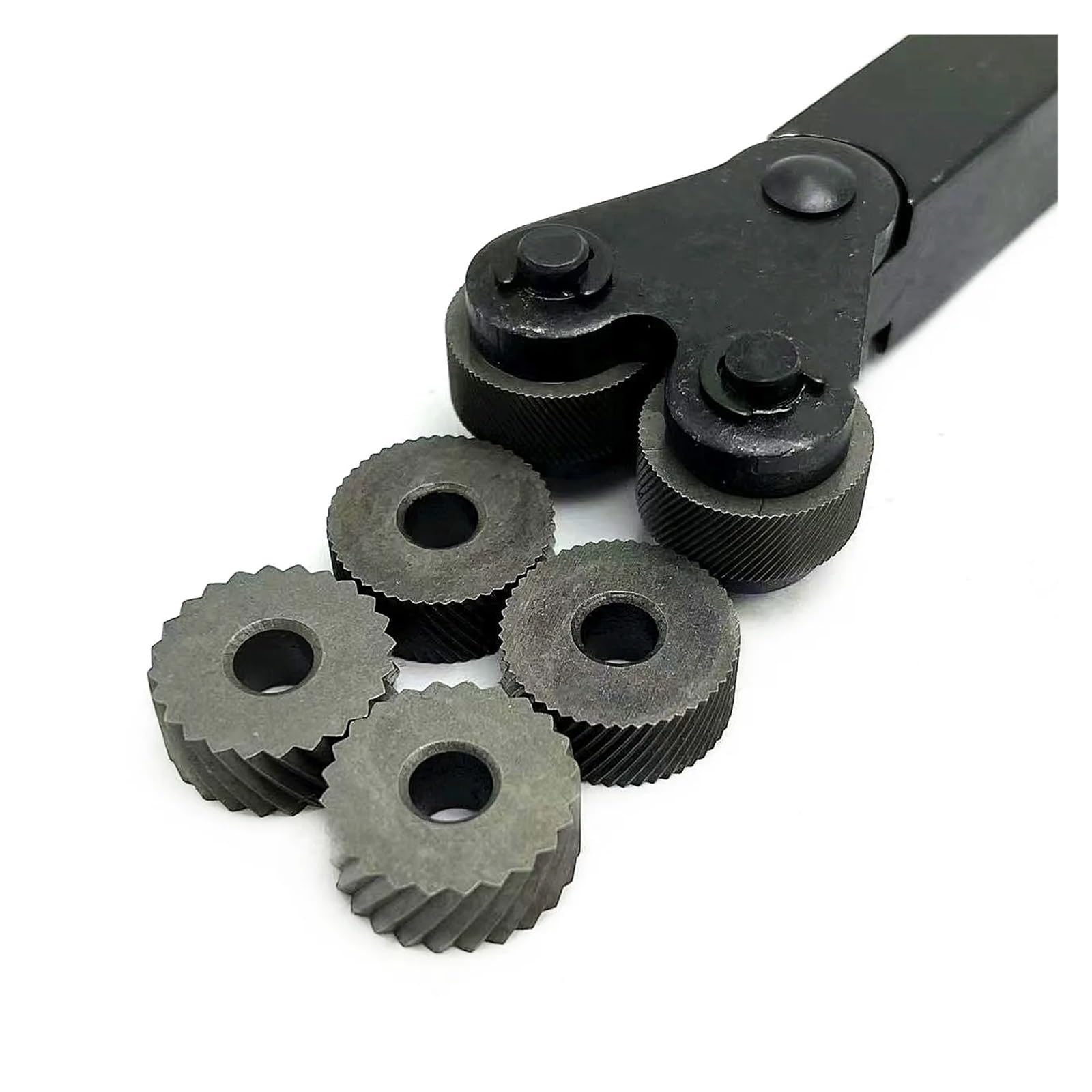 Narzędzie do radełkowania, Zestaw 7 kółek radełkowanych HSS z otworem wewnętrznym 0,6/1/2,0 mm i stalowym uchwytem do tokarki 16 mm x 18 mm
