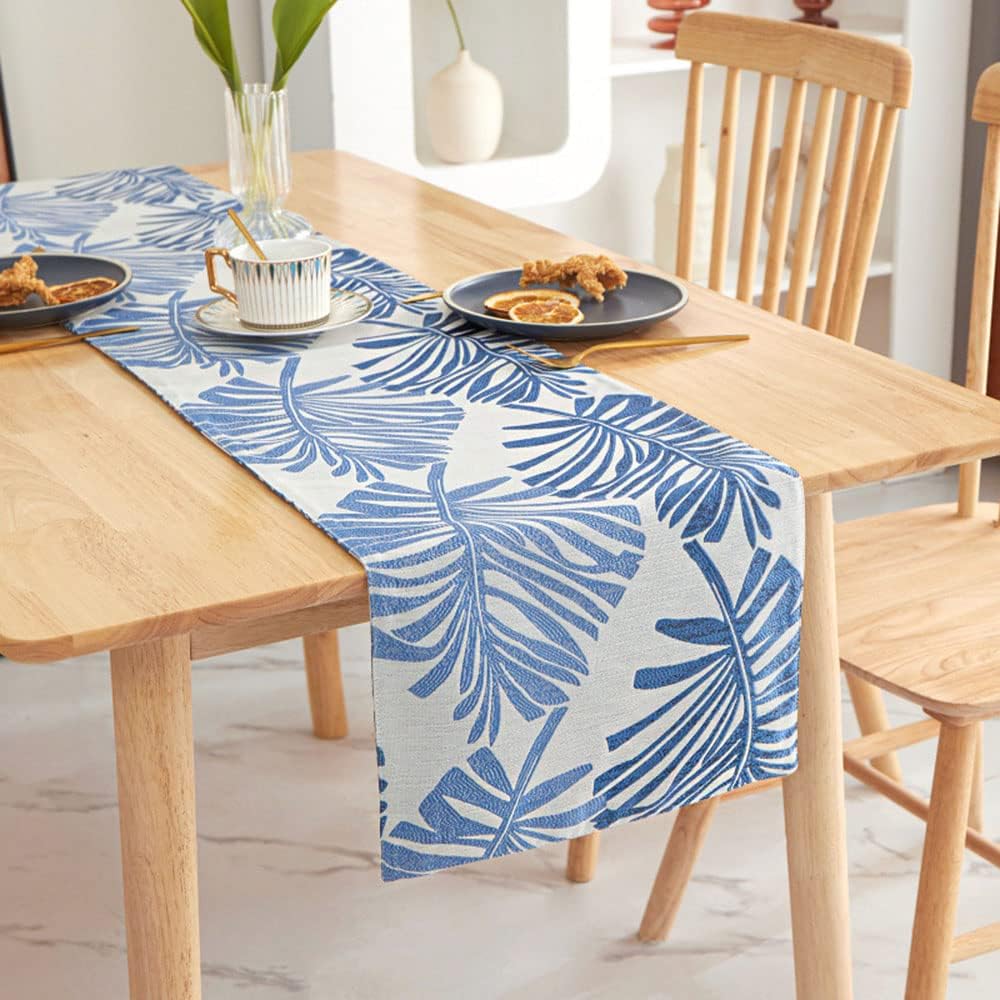 Cotton Linen Table Runner 94 Inch Long Navy Blue Palm Leaf Runners for Dining Table Everyday Use Holiday Decor (Navy Blue,12×94 Inch)