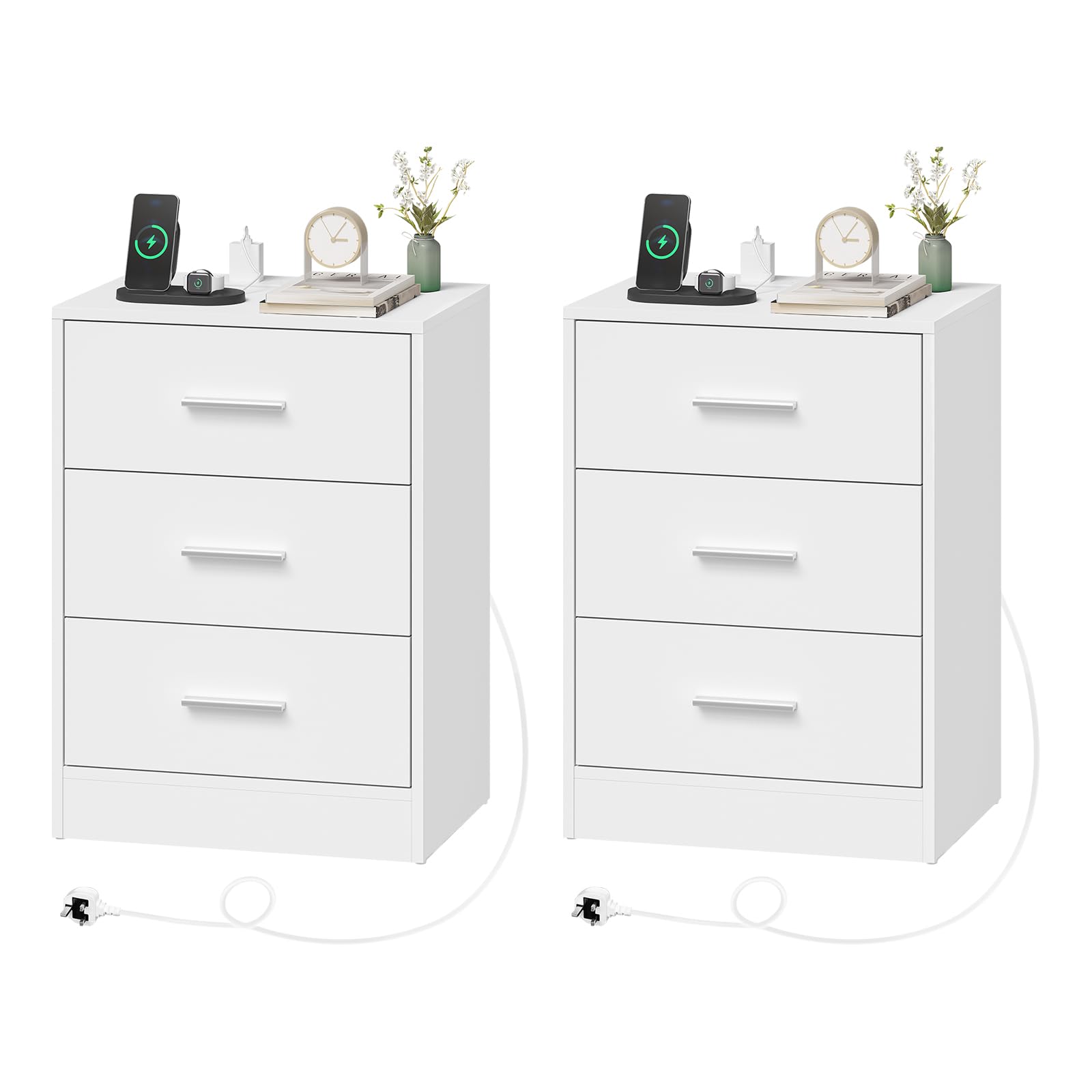 WOLTU Bedside Tables Set of 2, Bedside Cabinets with Charging Station, 3 Drawers, White Nightstands Side Tables for Living Room Bedroom Study, 39x28.5x54.5cm — image 1