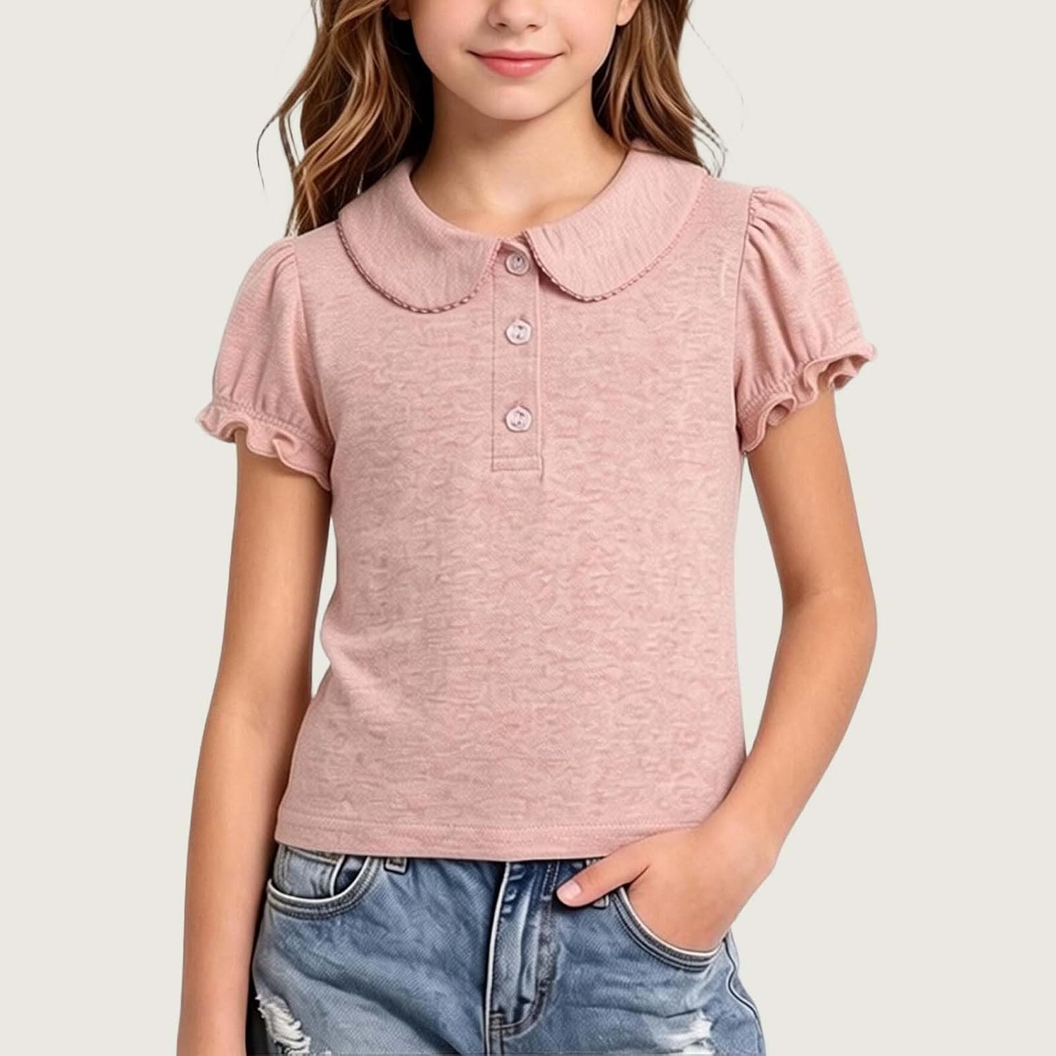 Girls Shirt Ruffle Sleeve Short Sleeve for School | Soft Rounded Collar Button Placket Puff Sleeves And Ruffle Cuffs For Classroom Photos And Parties