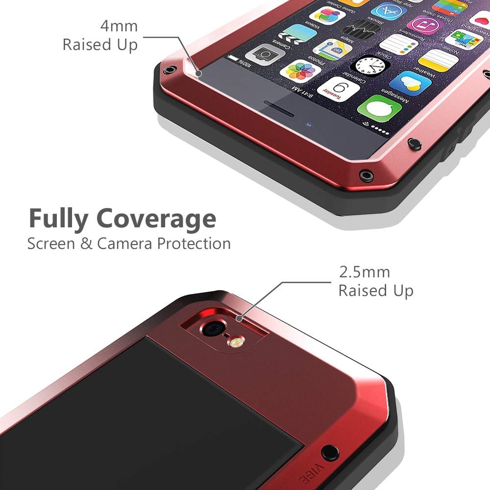 Lanhiem iPhone 6 Plus / 6s Plus Case, Heavy Duty Shockproof [Tough Armour] Metal Case with Built-in Screen Protector, 360 Full Body Protective Cover, Dust Proof Design -Red