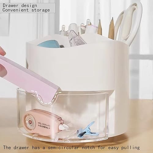 Miniatura 5 de Portalápices giratorio de 360 grados con cajón, 5 compartimentos de escritorio estacionario para brochas de maquillaje cosmético para tocador,