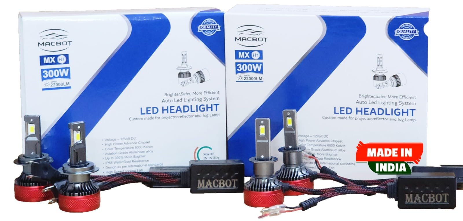 MACBOT Combo LED Headlight Bulb For Altroz Alturas Kwid Tiber With 2 Year Replacement Warranty(1 Pair Each Of H7 And H1 300 +300 Watt 12 Volt),Multicolour-image-35