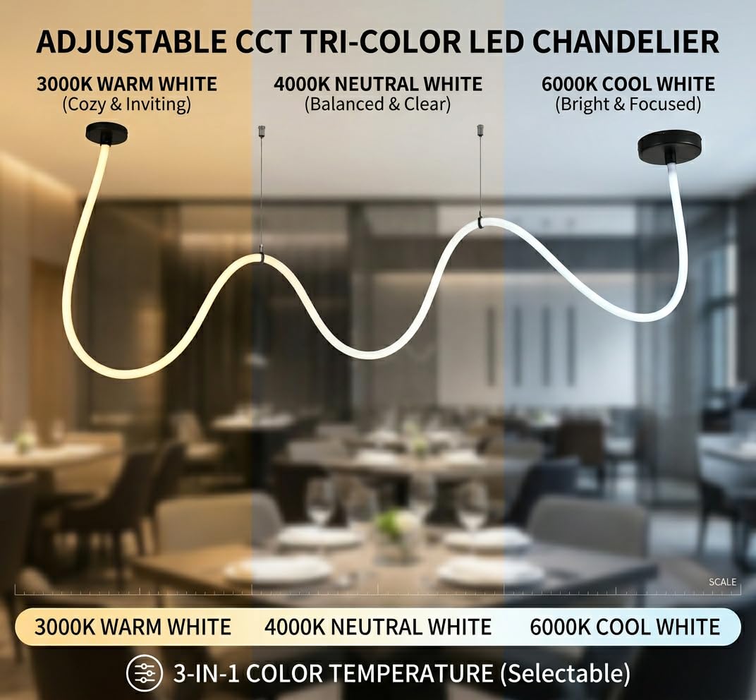 Pendelleuchte LED mit Silikonschlauch und Fernbedienung, 3 Farbtemperaturen 3000 K–6000 K Deckenleuch, 68W, flexibles Design für Schlafzimmer, Wohnzimmer und Gewerberäume