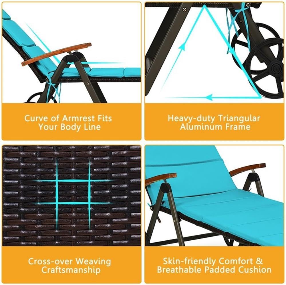 Pemberly Row Aluminum Rattan Patio Lounger Recliner Chair, Turquoise Finish, Adjustable Backrest, Folding Design, Weather-Resistant Outdoor Chaise with Wheels, 56.5-73 in L x 27.5 in W x 29.5-44 in H