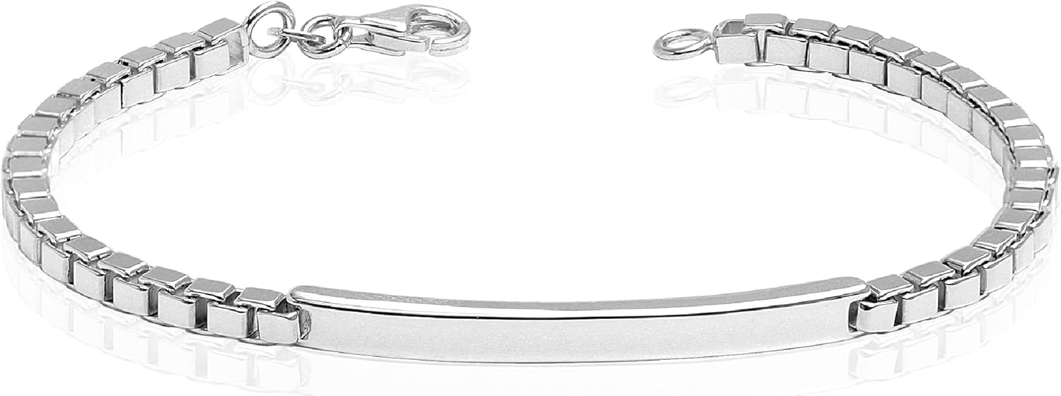 LeCalla 925 Sterling Silver Men's ID Bracelets | Italian 3MM Box Chain ID Bracelets for Men(7.5, 8, 8.5, 9 Inches)
