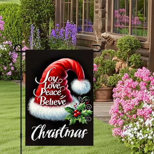 Image of BlissYard Christmas Garden Flag 12x18 Inch Santa Hat Words Yard Decor