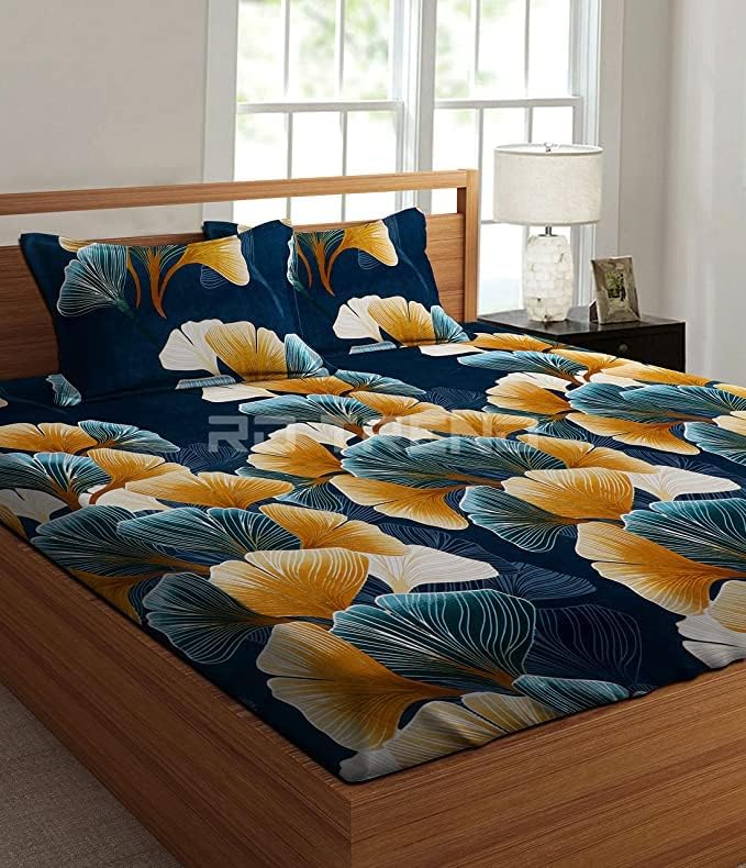NEW TOWN Cotton Feel Glace Cotton Elastic Fitted Printed King Size Double Bed Bedsheet with 2 Pillow Covers and Fits Upto 8 inches Mattress, Size- 72"x78" Saffro 8556-picture-22