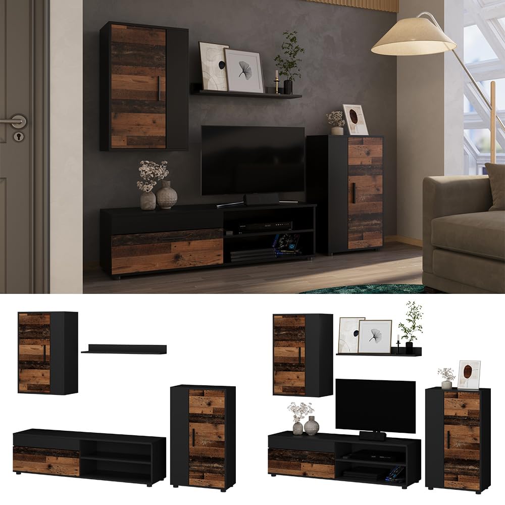 Vicco Parete attrezzata Berno, Rovere rustico, Set di 4 pezzi, adatto per la conservazione di dispositivi multimediali e accessori