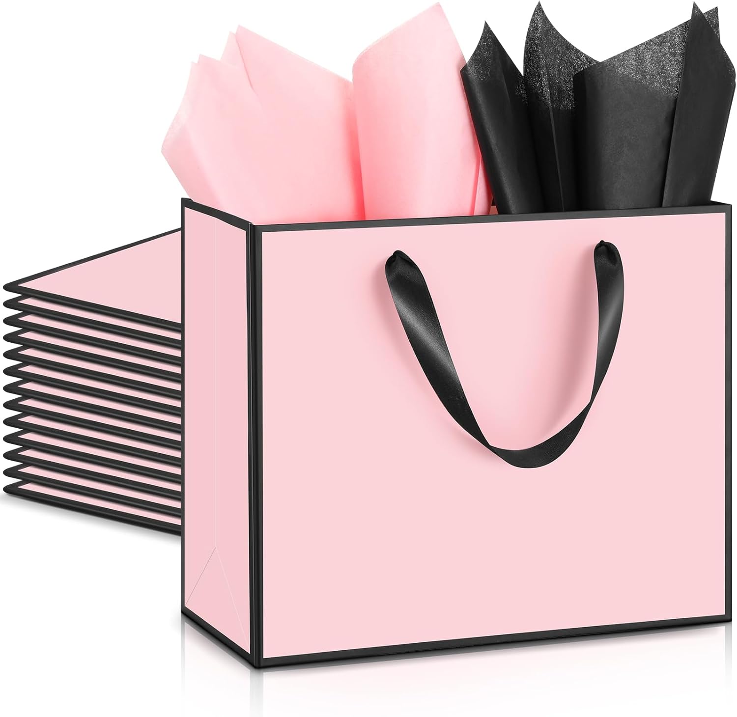 ReliThick 12 Pack 12 Pack Metallic Paper Gift Bag with Handles and Tissue Paper 11.8 x 10 x 4'' Thank You Favor Bag for Wedding Bridesmaid Groomsmen 5 Senses Birthday Gifts (Pink,Black) Pink, Black 12