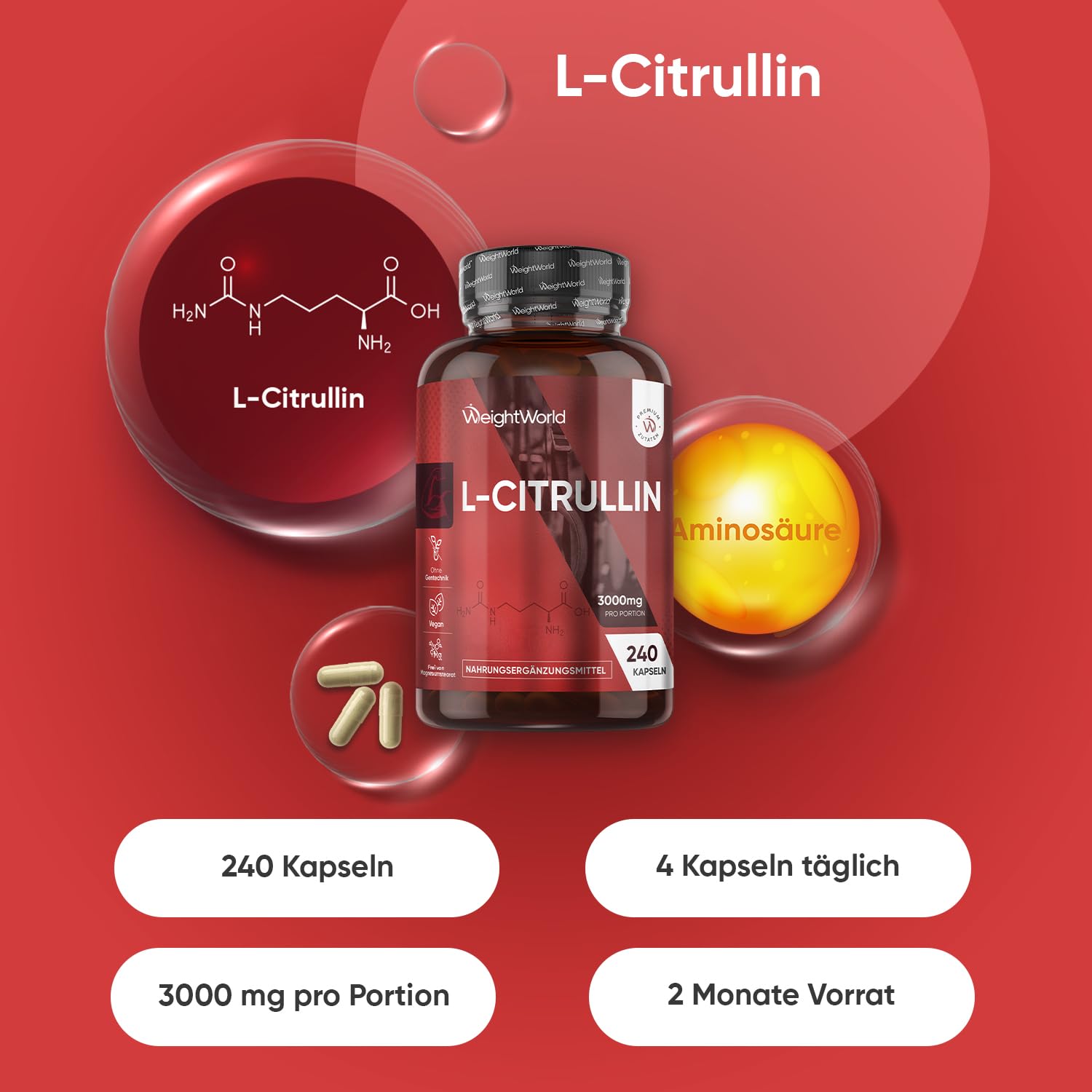 L-Citrullin 3000mg pro Portion - 240 vegane Citrulline Kapseln - 4 Kapseln täglich - Frei von Magnesiumstearat & Gentechnik - WeightWorld