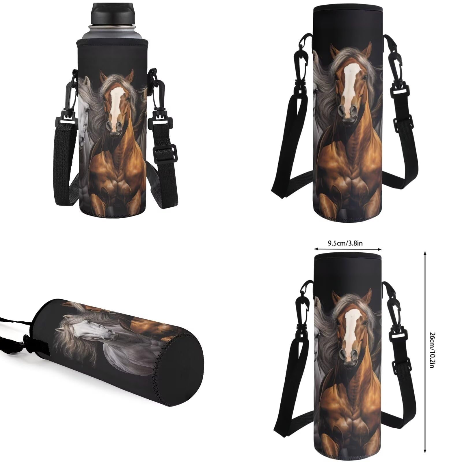 COEQINE Juego de 4 mochilas con temática de caballos para niños, adolescentes, niñas, lonchera, estuche para lápices, botella de agua grande, Caballos negros
