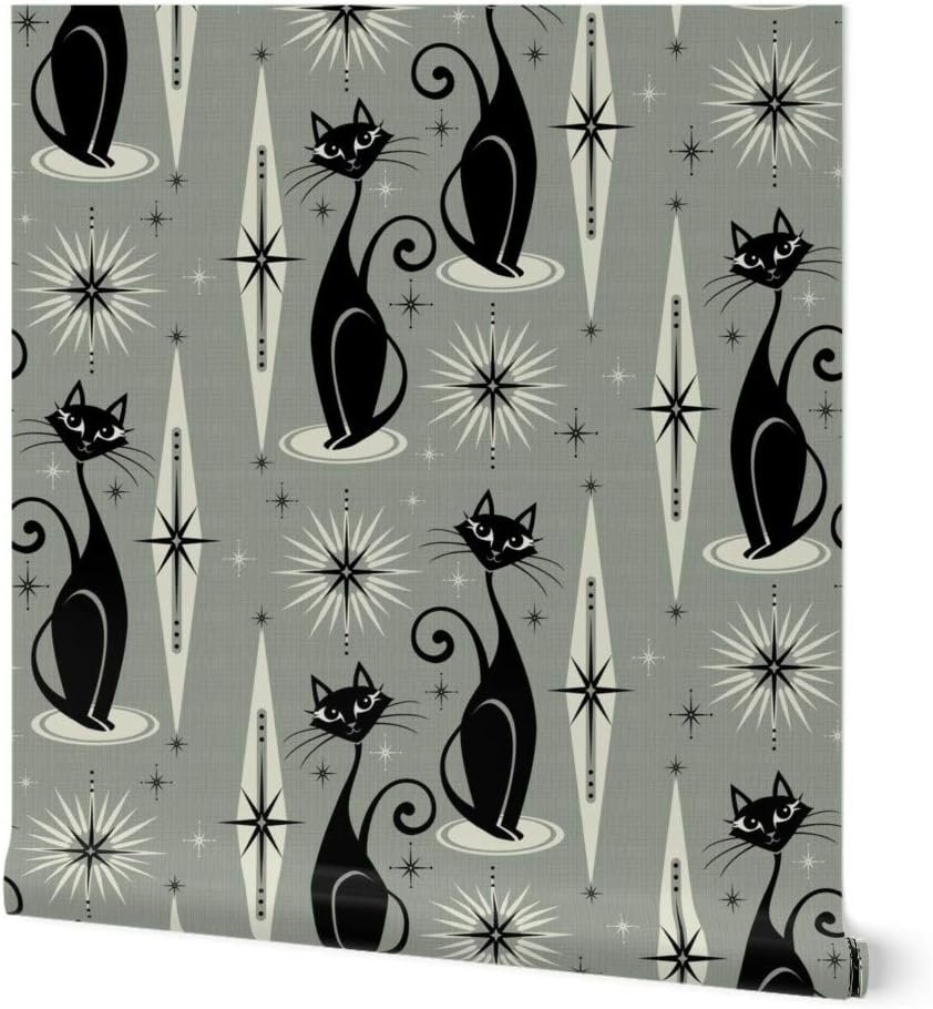 Peel & Stick Wallpaper Swatch - Mid Century Gray Vertical Diamonds Retro Cat 1950S Cats Fifties Atomic Custom Removable Wallpaper by Spoonflower