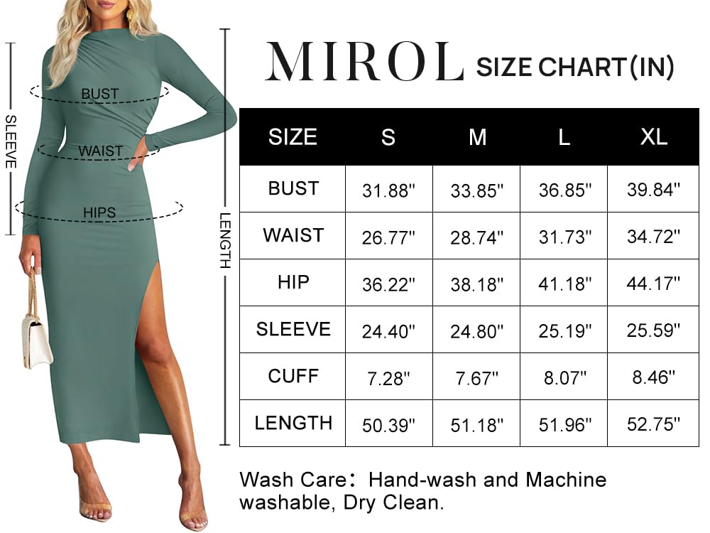 MIROL Vestido largo de manga larga para mujer, con cuello alto falso, abertura lateral, fruncido, para negocios, casual, boda, invitada de cóctel