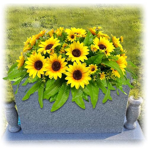 Headstone Flower Saddles Silk Realistic Yellow Grave Flowers for Cemetery Sunflower Outdoor Sympathy Memorial Day Flowers Arrangement image 5