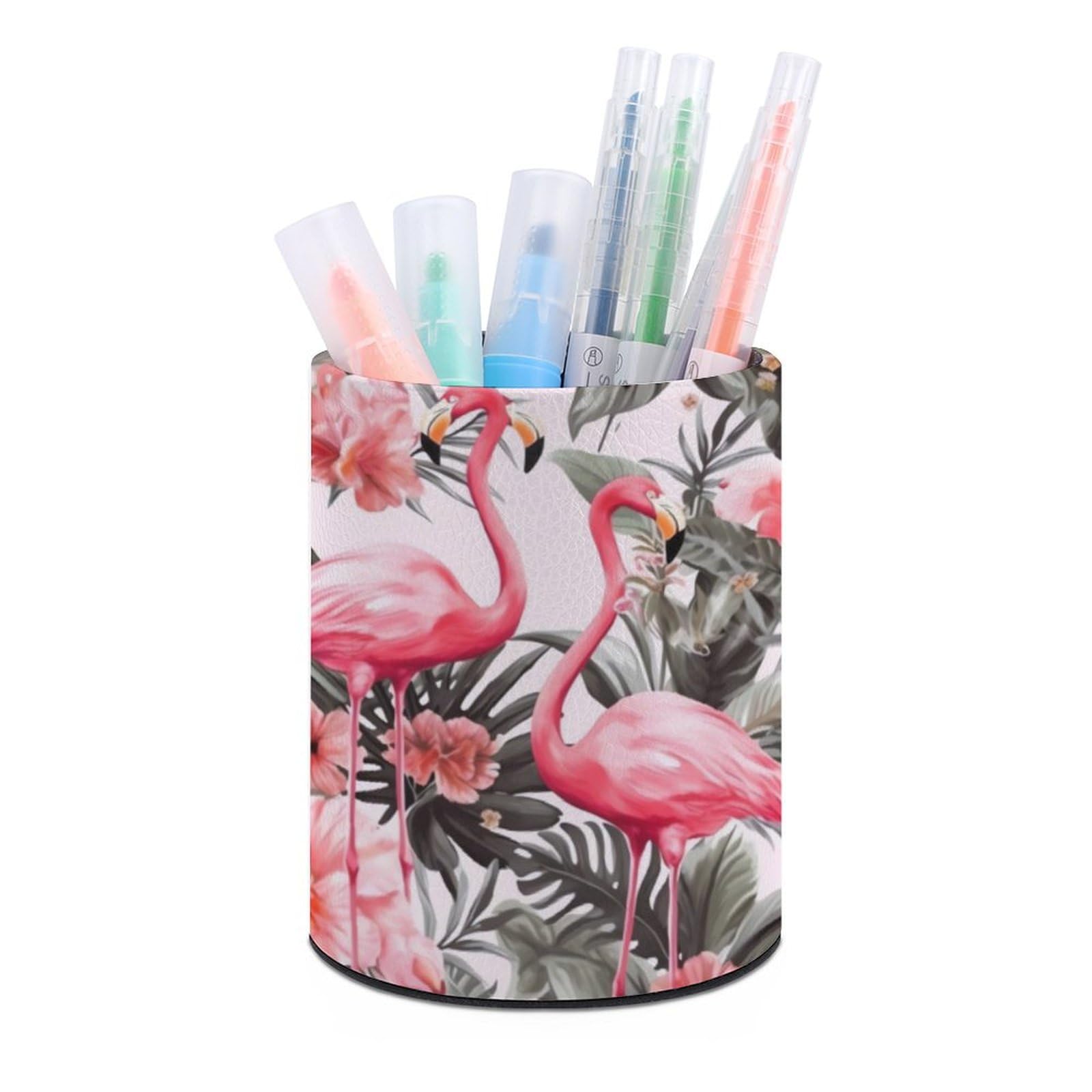 JTREHY Round Pen Holder,Flamingo Floral Printed Printed Makeup Brush Storage Box Desktop Stationery Storage Cup Office Accessories Storage Box Pencil Storage Box for Home Office Dressing Table