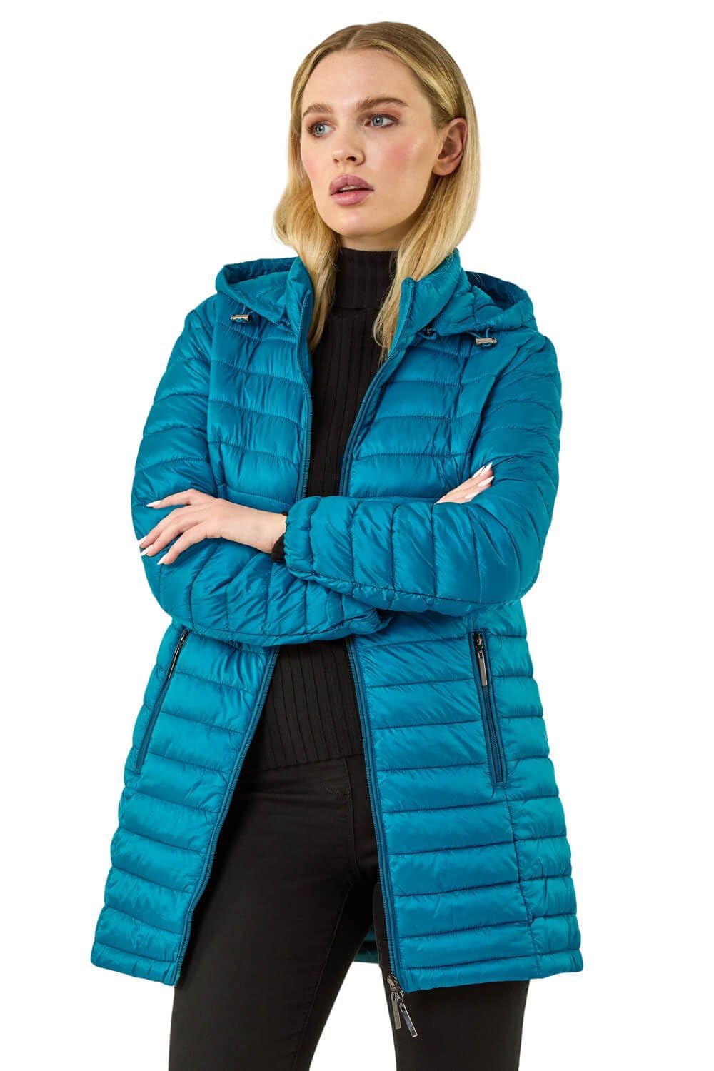 Roman Originals Women's Teal Roman Padded Longline Coat With Hood - Zip Through Autumn Winter Long Length Lightweight Quilted Warm Cosy Everyday Zip Up Casual Jackets Coats - Size 14