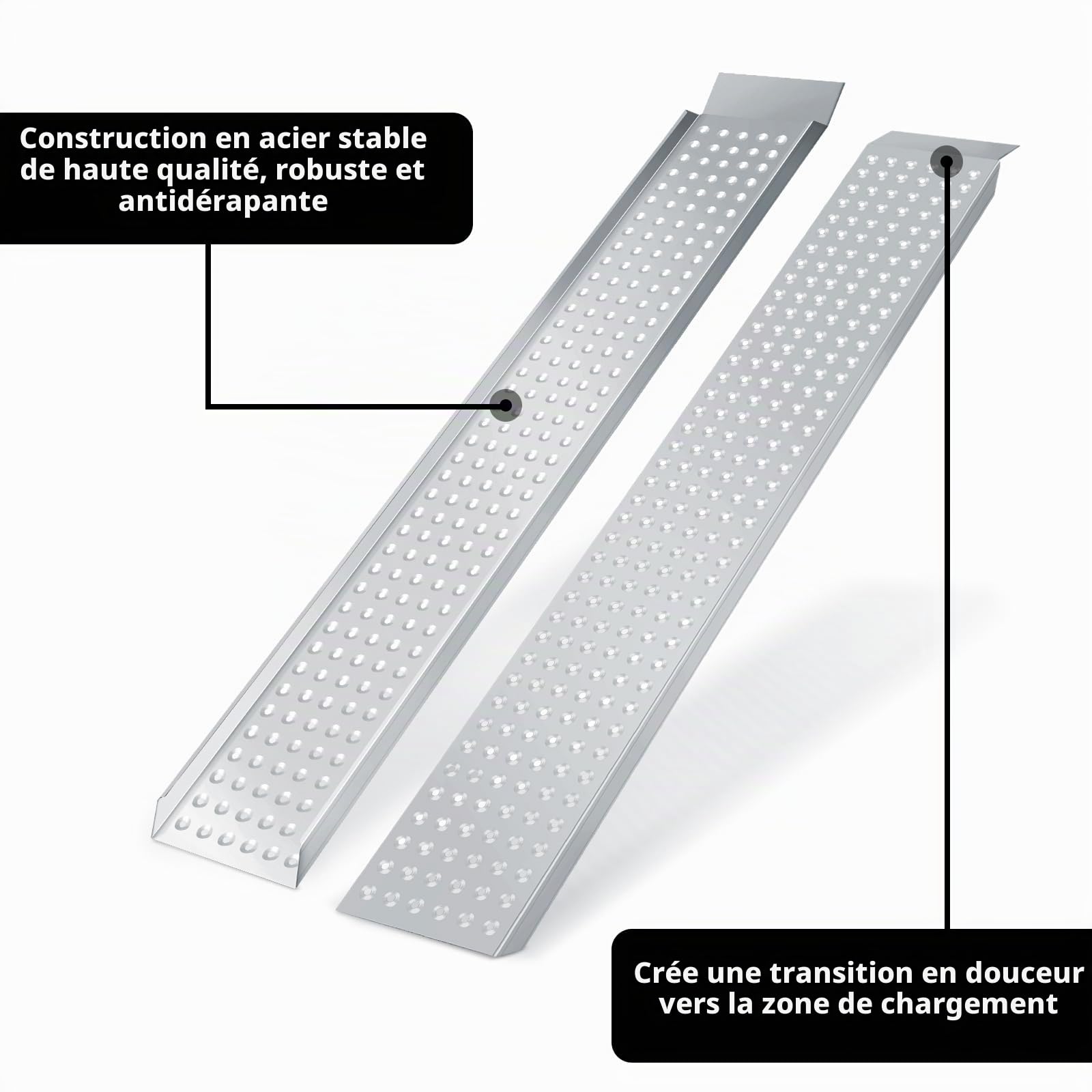Sonnewelt Lot de 2 rampes d'accès - Capacité de charge de 400 kg - Pour remorque, rail de chargement antidérapant - Pour moto, voiture - Galvanisée - 160 cm, Argenté