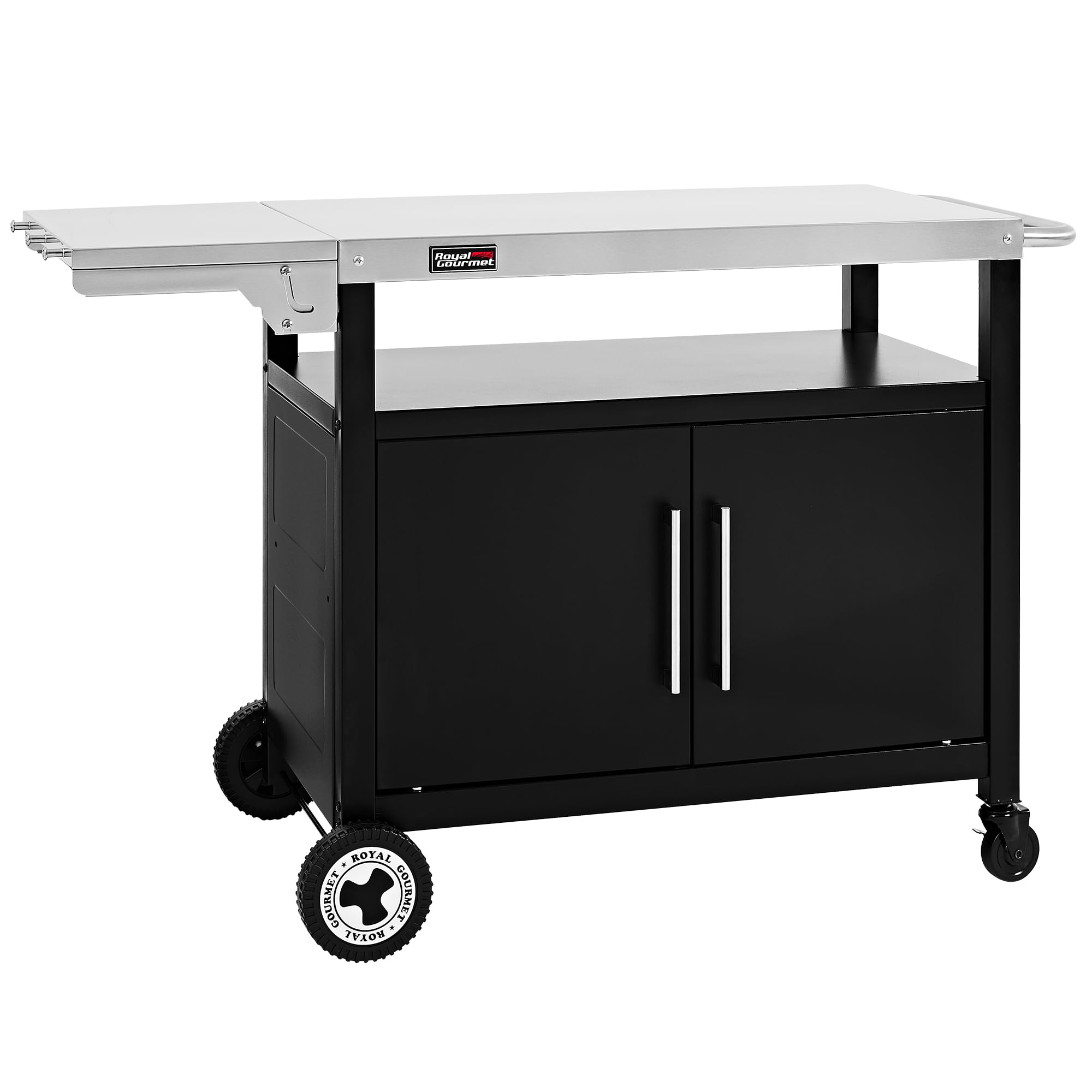 Royal Gourmet Chariot de Barbecue avec Porte d'Armoire, Desserte Extérieure pour Plancha avec Dessus de Table en Acier INOX 85 x 50cm et Table d'Appoint Pliable de 30 x 50cm, pour Cuisine et Jardin